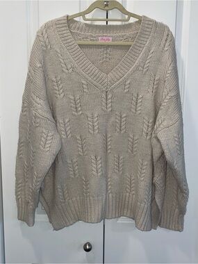 Pink Lily Beige Cable Knit V-Neck Sweater